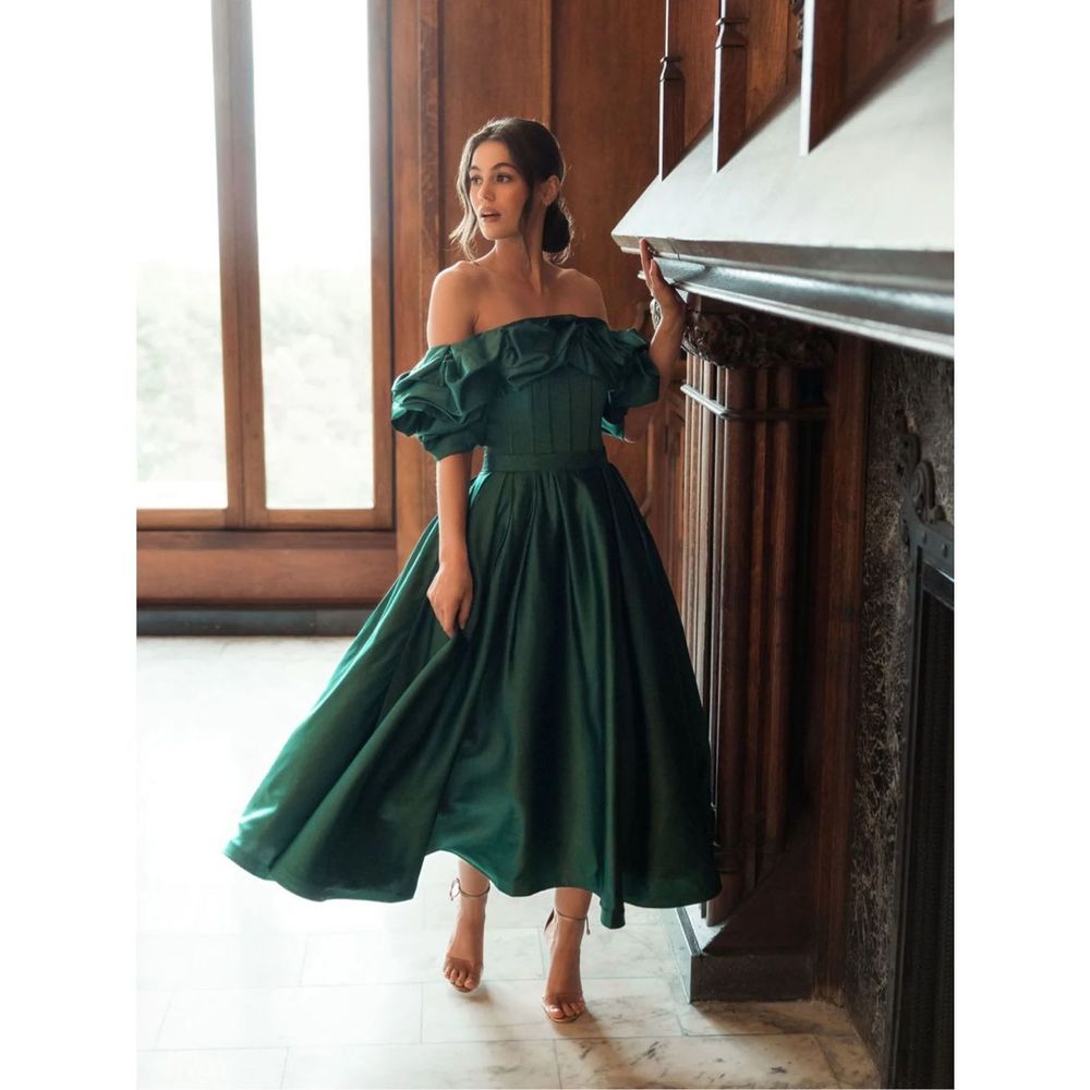MAC DUGGAL OFF THE SHOULDER TEA LENGTH HOLIDAY GOWN - EMERALD GREEN